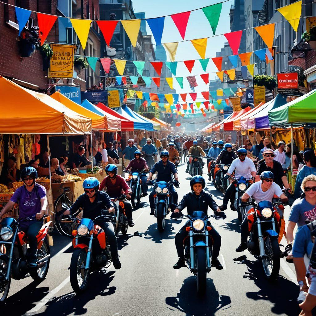 A vibrant cityscape filled with diverse cyclists and motorbike enthusiasts enjoying a lively street festival. Include colorful bicycles and sleek motorbikes showcasing their styles against a backdrop of banners, enthusiastic crowds, and stalls filled with biking gear and local delicacies. Capture a sense of community and adventure with people of all ages interacting and sharing stories. Use dynamic angles to convey movement and energy. super-realistic. vibrant colors. 3D.