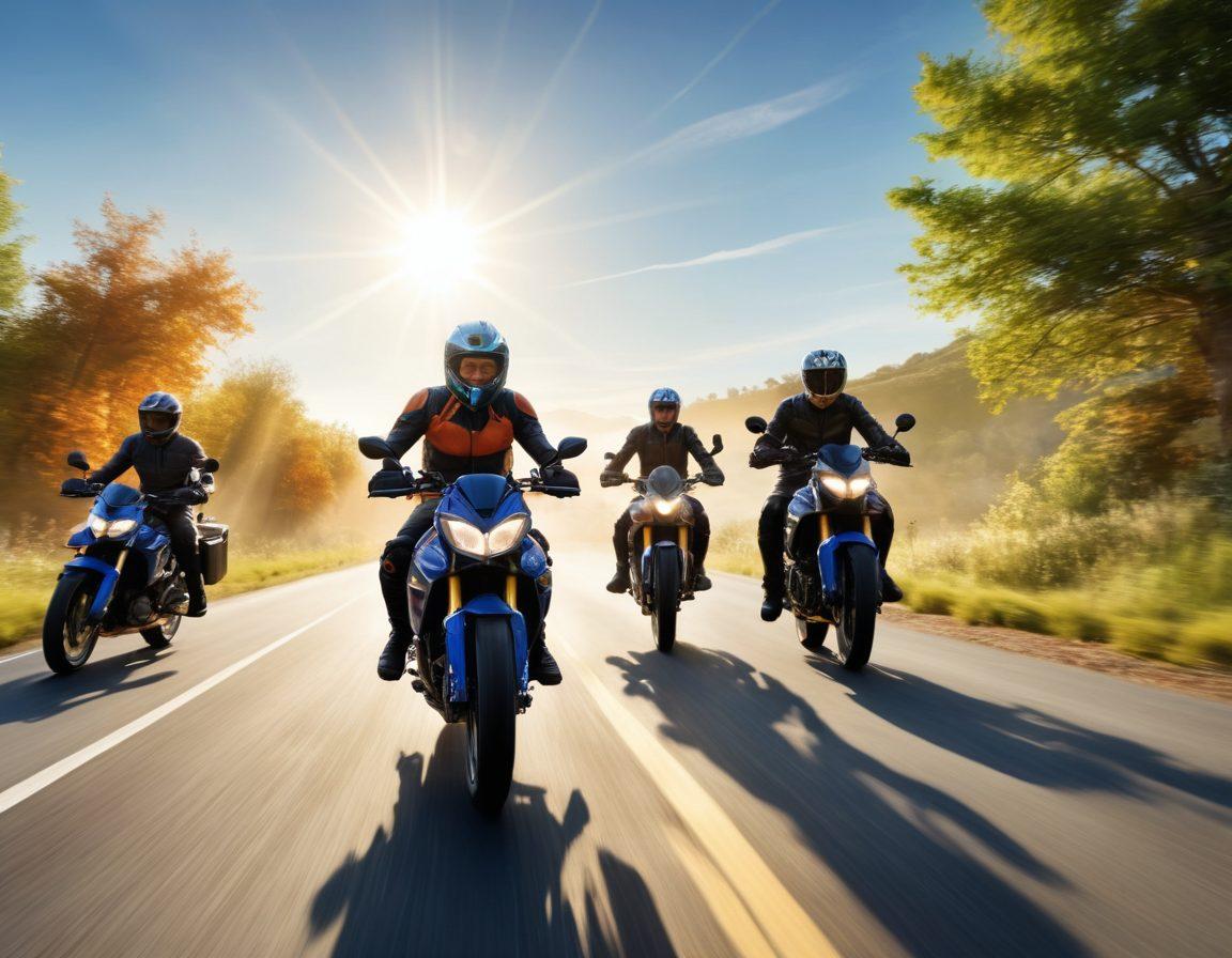A dynamic scene featuring a diverse group of motorbike riders and cyclists, showcasing various styles of bikes and gear. They are riding through a scenic landscape, blending urban and nature elements, with vibrant colors highlighting their enthusiasm. Include a sense of movement with blurred backgrounds to convey speed. Bright blue sky and sun rays should enhance the moment. super-realistic. vivid colors. energetic atmosphere.