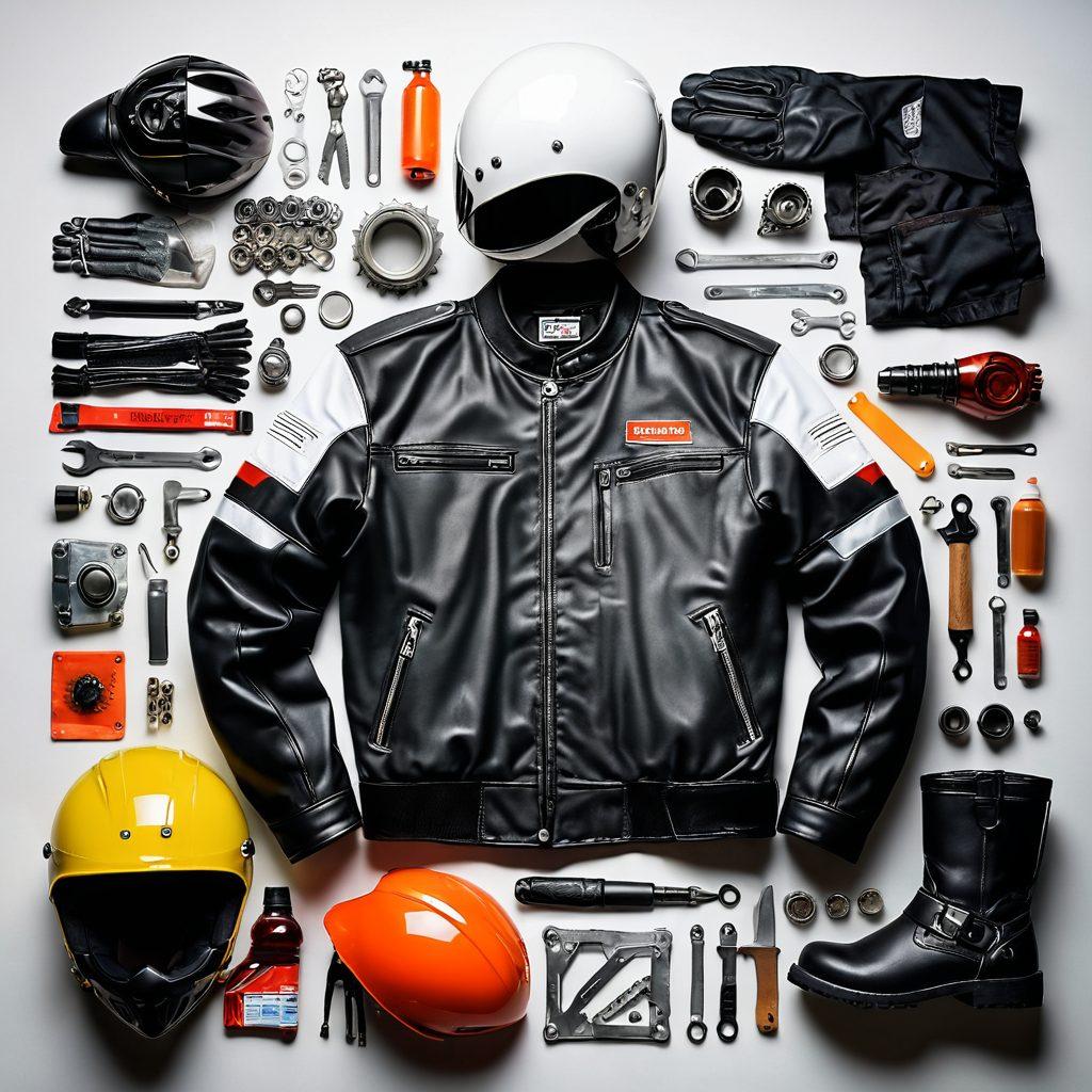 A dynamic montage showcasing various types of two-wheeler gear, including helmets, jackets, gloves, and boots, spread out artistically on a sleek motorcycle. In the background, include tools for maintenance like wrenches and oil bottles, alongside safety symbols such as a safety vest and reflective tape. The atmosphere should convey excitement and adventure, emphasizing the safety and maintenance theme. super-realistic. vibrant colors. white background.